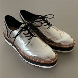 Zara Metallic Silver Platform Brogues - 40
